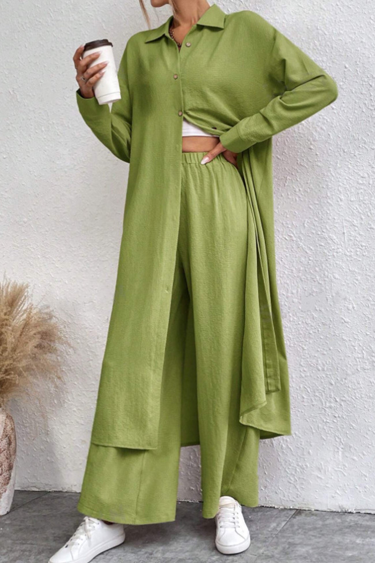 Maxct Solid Long Shirt Wide Leg Pants Set