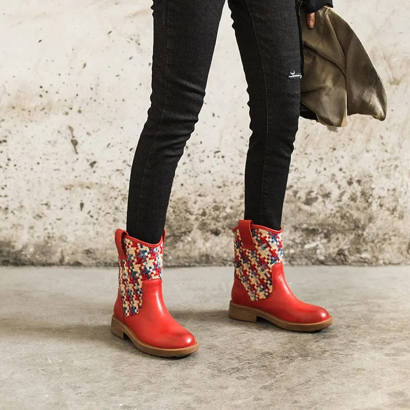 Woven Boots Mid Calf Color Blocking Design Cowgirl Boots Maxct