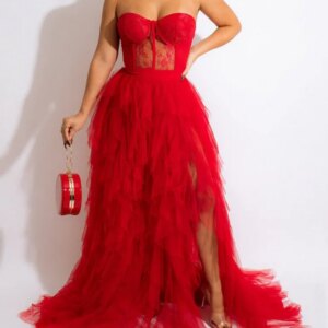 Lace Slit Tulle Dress Maxct