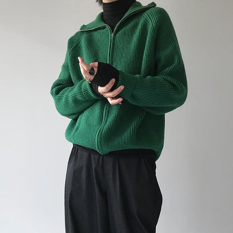 Maxct Dark Green Zip Up Knit Cardigan