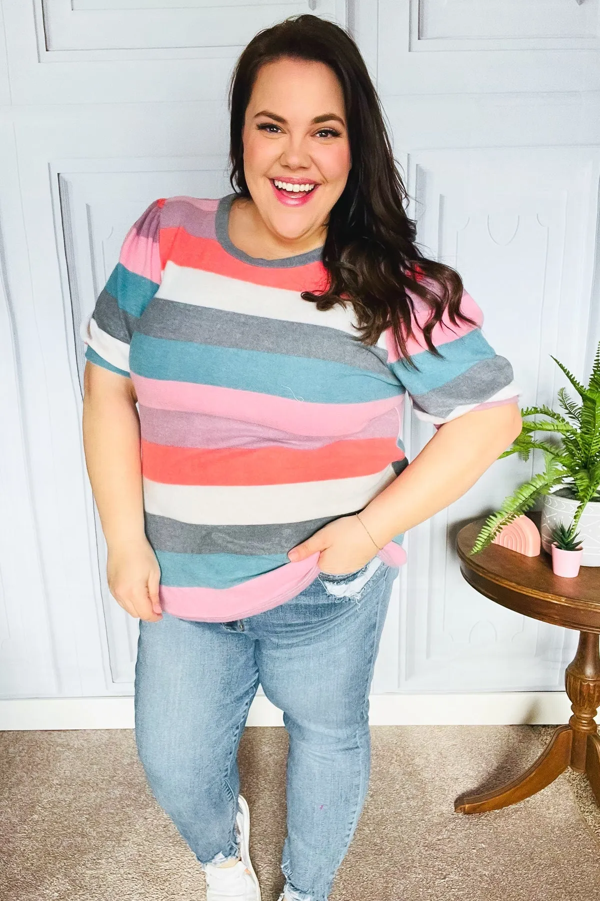 Maxct &Look Out Teal & Rose Striped Hacci Knit Puff Sleeve Top