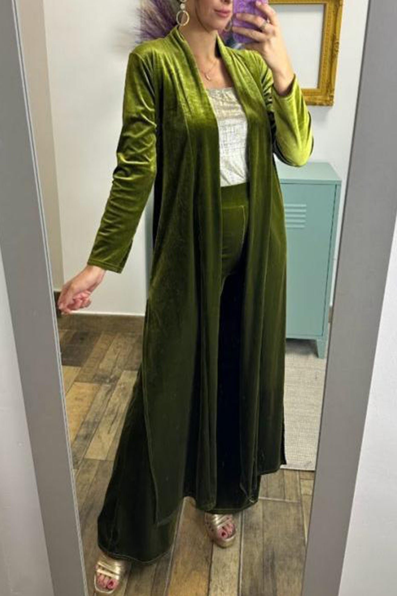 Maxct Velvet Slit Long Cardigan Two-piece Pants Suits