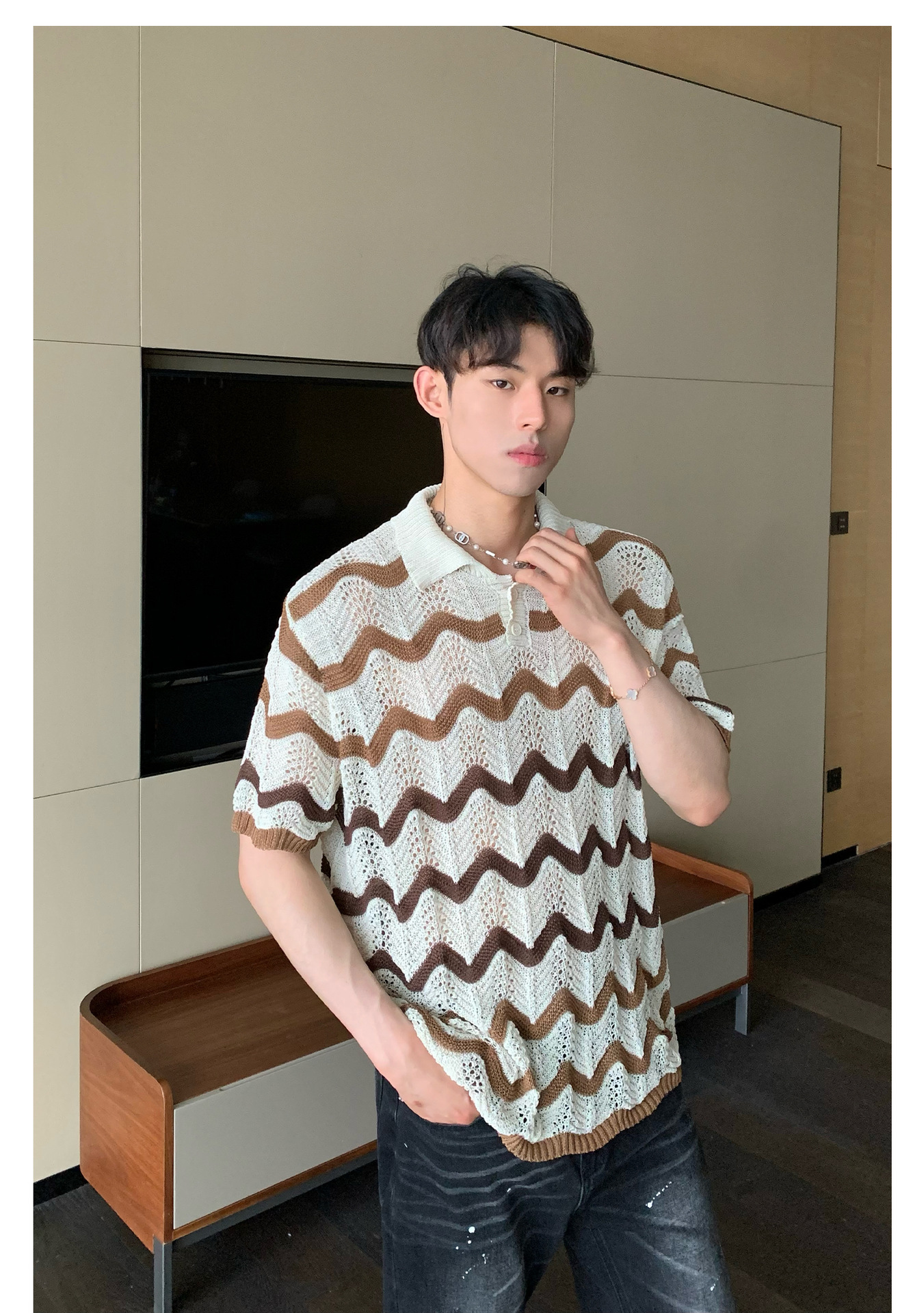 90s Streetwear Korean Style Summer High-end Sense Hollow Color Stripe Lap Short-sleeved Niche Design POLO Shirt T-shirt Casual Top