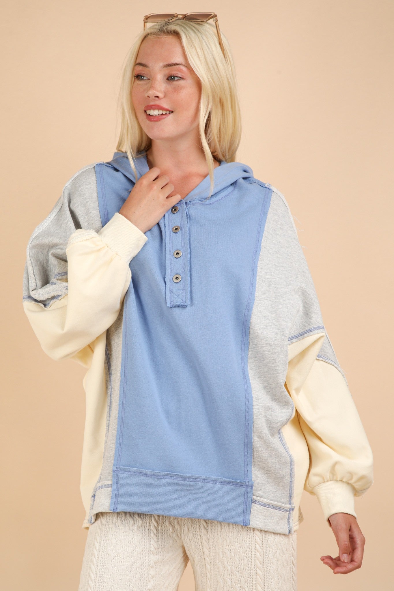 Maxct &VERY J Exposed Seam Color Block Half Button Hoodie