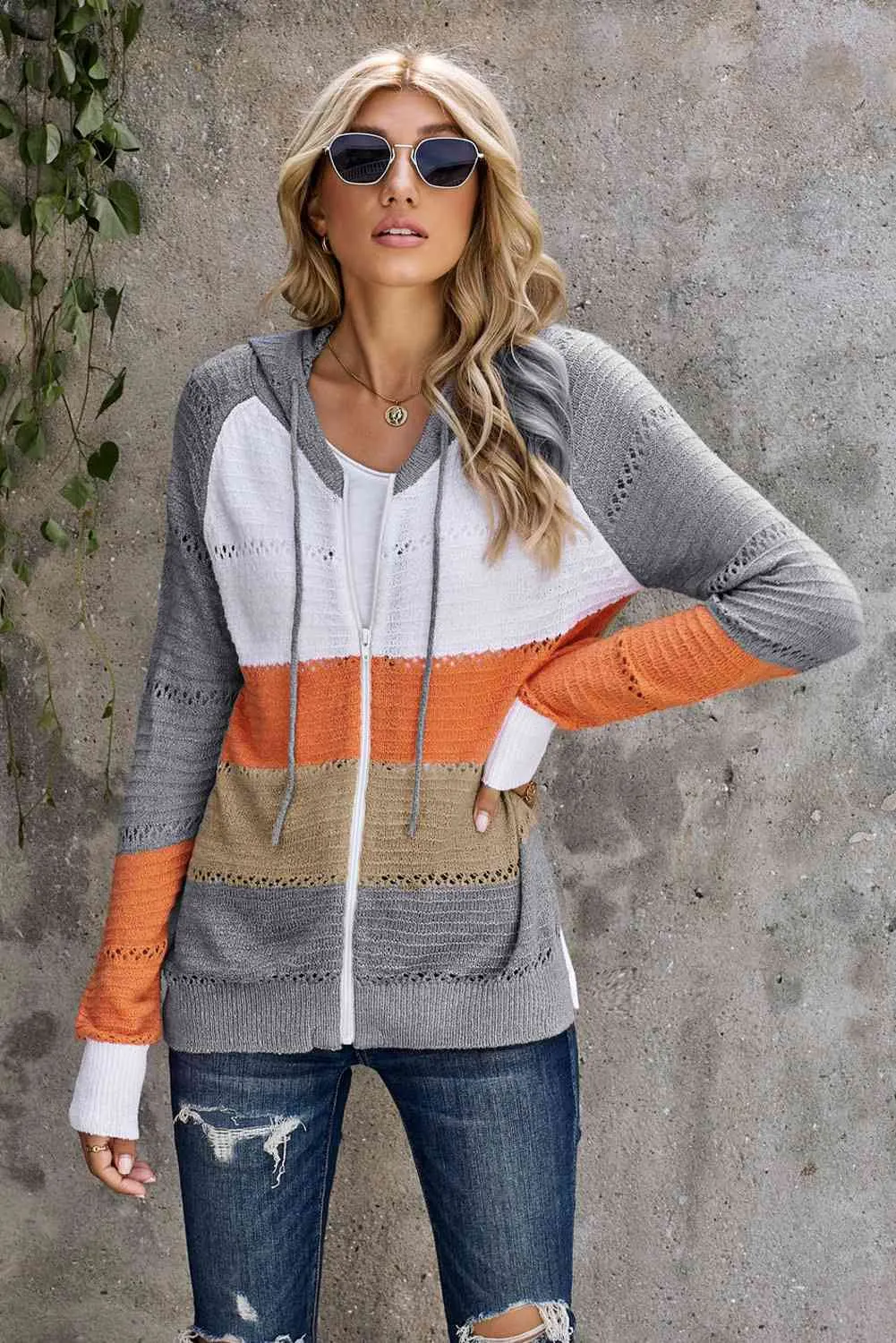 Maxct &Zip-Up Raglan Sleeve Openwork Hooded Cardigan
