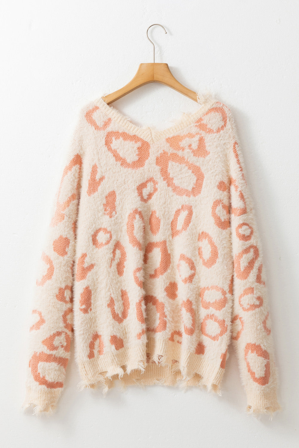 Maxct &Distressed Trim Leopard V-Neck Sweater