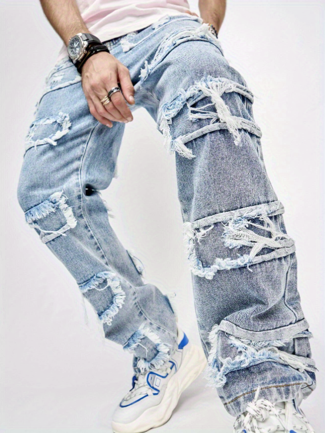 Men's Ripped Frayed Straight Leg Jeans