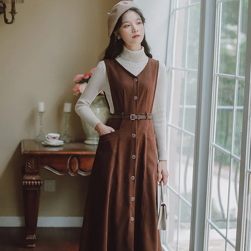 Button Up Suede Pinafore Dress Maxct