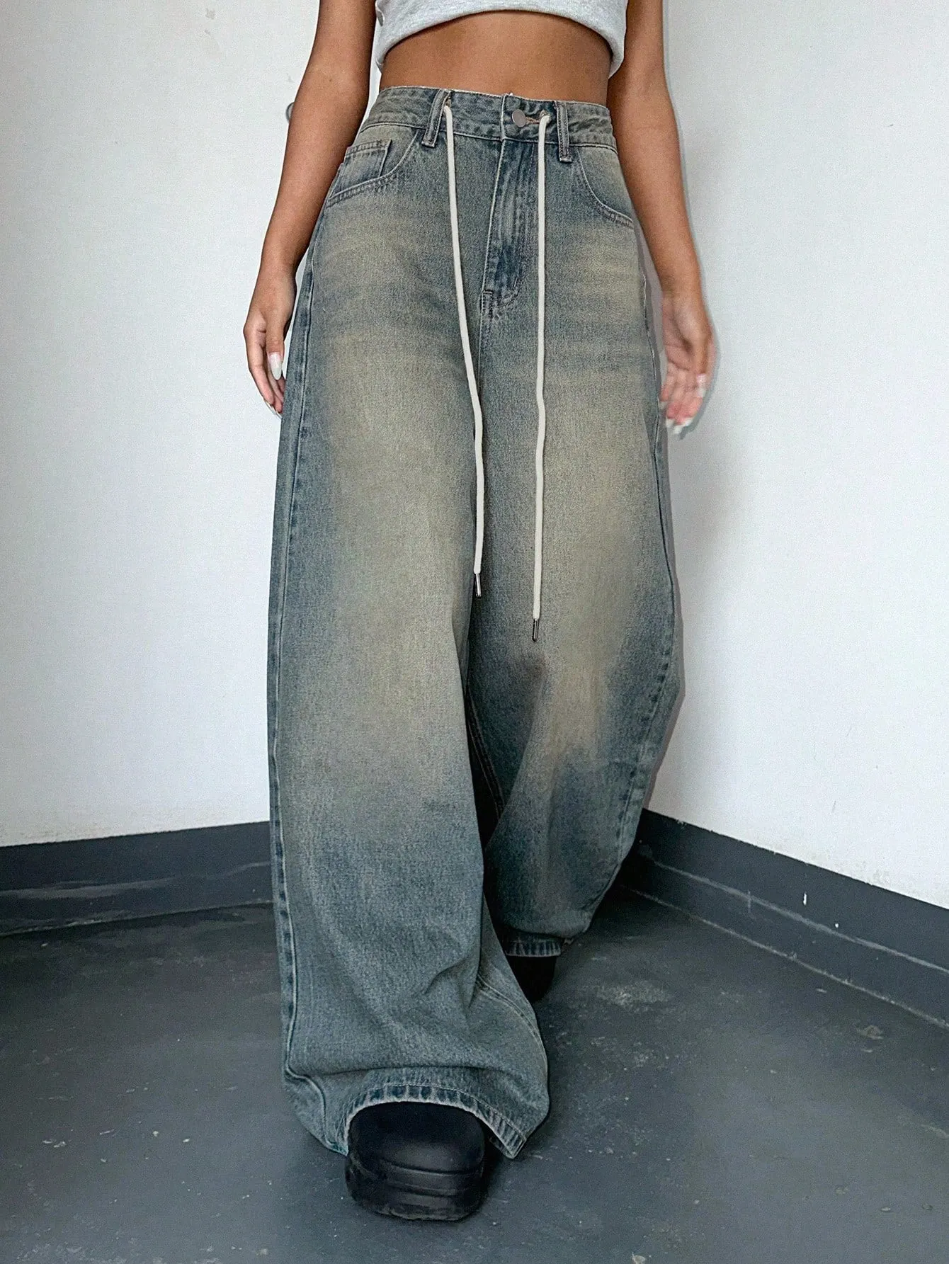Maxct Women's Drawstring Waist Loose Fit Denim Pants