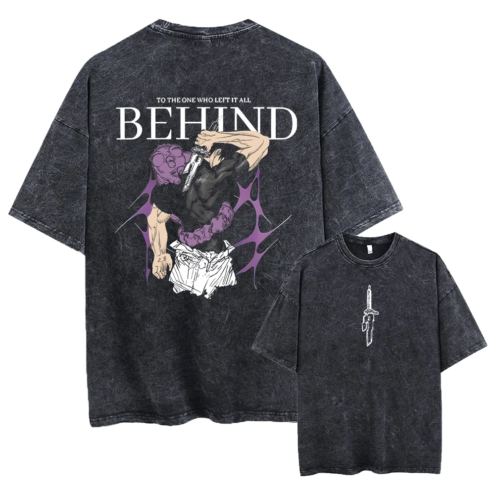 Maxct Men Streetwear Washed Acid Oversized T Shirt Japanese Anime Retro Worn Graphic Print T-Shirt Summer Cotton Short Sleeve Tees