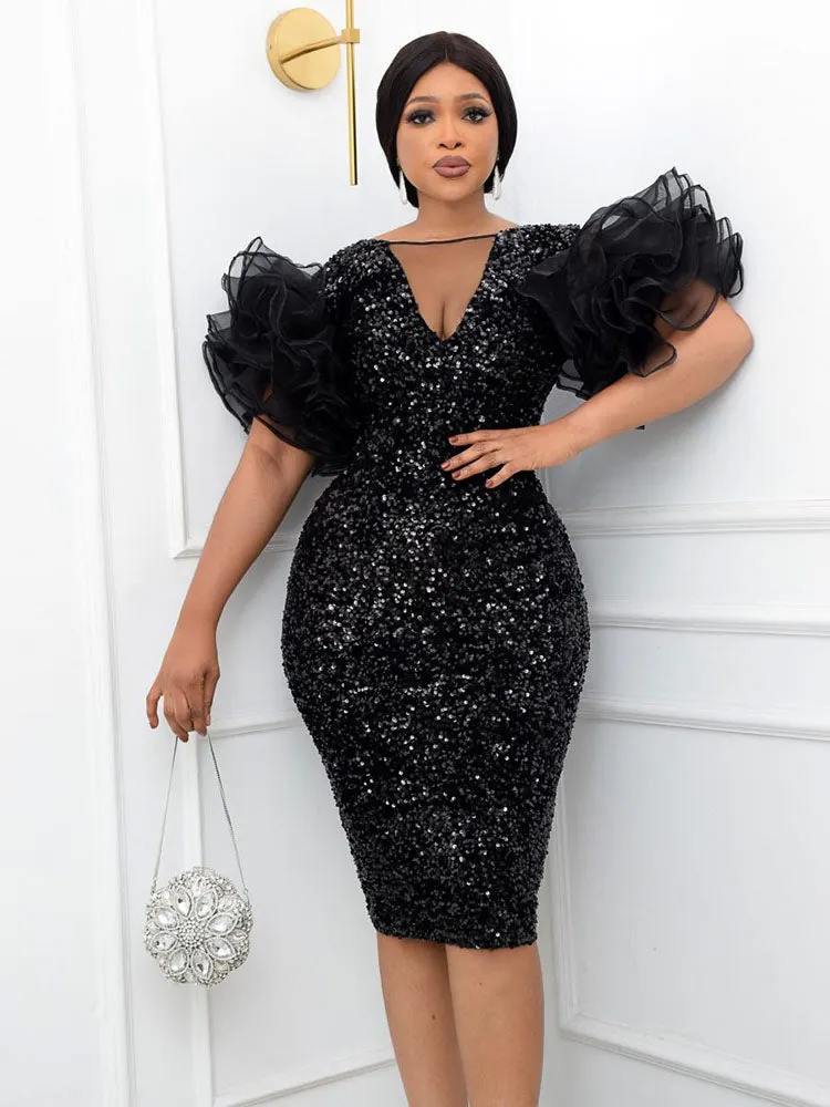 Sequin V Neck Puff Sleeve Party Dress Maxct