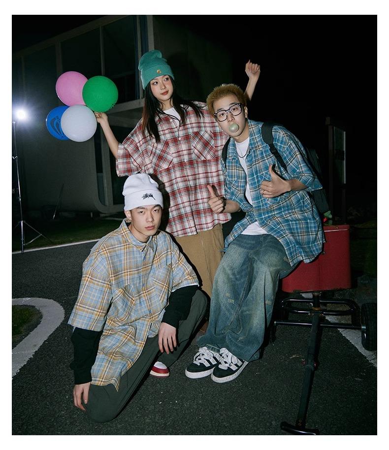 Maxct 90s Streetwear Japanese Niche Plaid Short-sleeved Shirt Men's Summer New Loose Trendy Brand All-match Shirt Couple's Coat Top