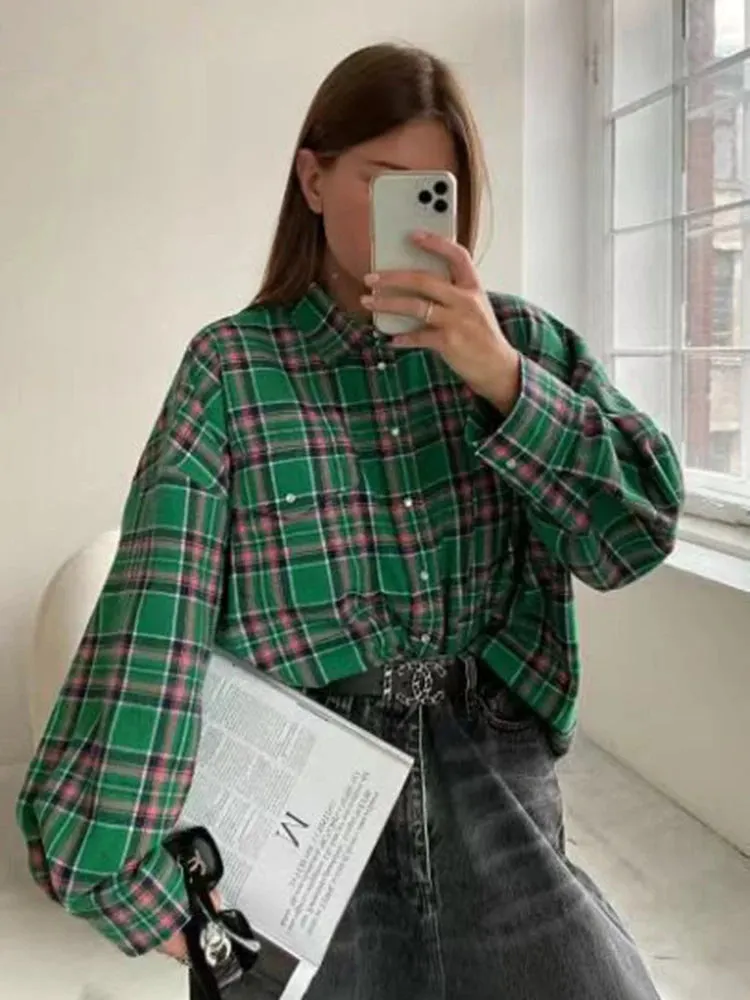 Maxct Retro Lapels Lattice Loose Shirt For Women Single-Breasted Long Sleeves Stripe Summer New Casual Versatile Pocket Shirt