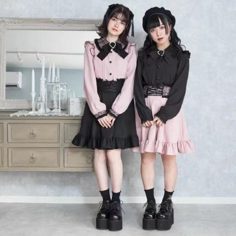 Maxct Kawaii Girl Lolita Long Sleeve Shirt Autumn Y2k Aesthetic Lace Patchwork All Match Blouse Women JK Bow Sweet Cute Tops