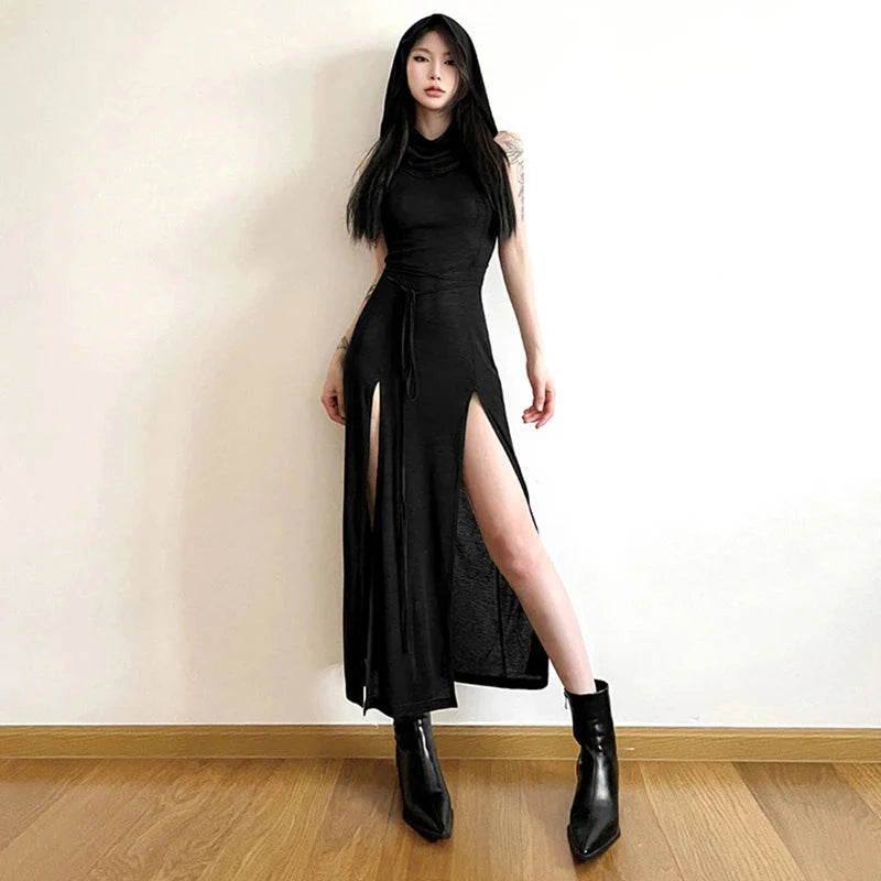 Wasteland Punk Dress y2k Solid Color Sleeveless Hollow Out Back Side Slit Hooded Dress 2000s Grunge Party Dresses Maxct