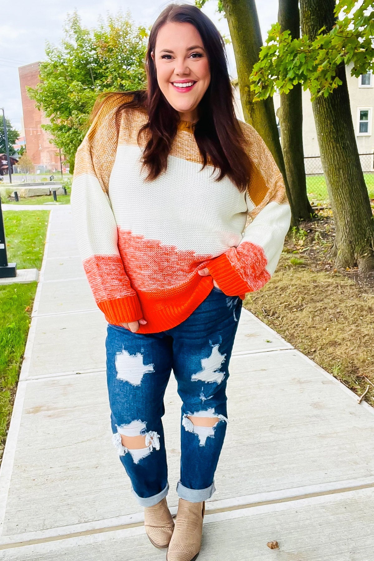 Maxct &Adorable You Camel & Orange Color Block Sweater