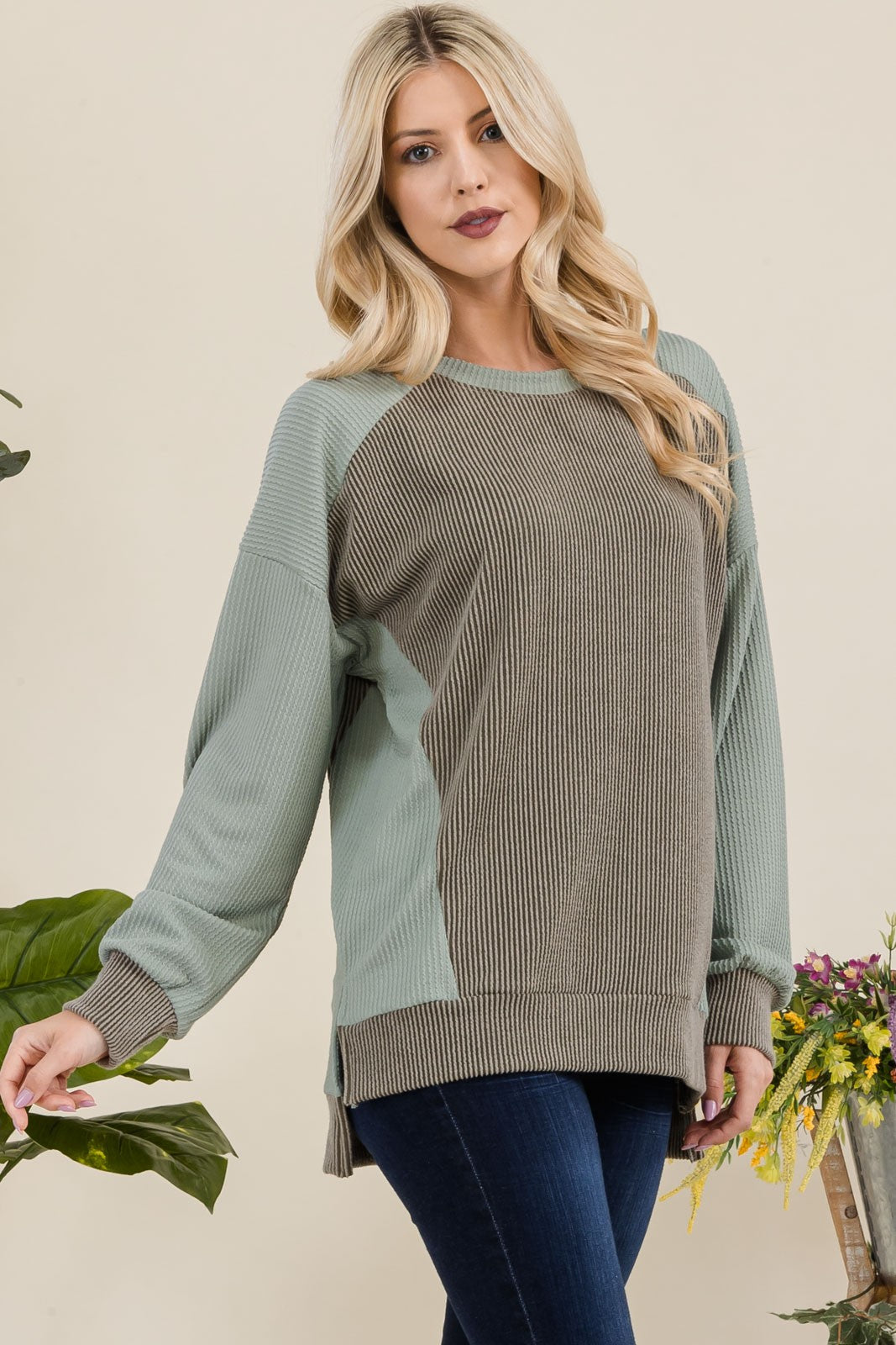 Maxct &Celeste Full Size High-Low Contrast Round Neck Sweatshirt - Image 9