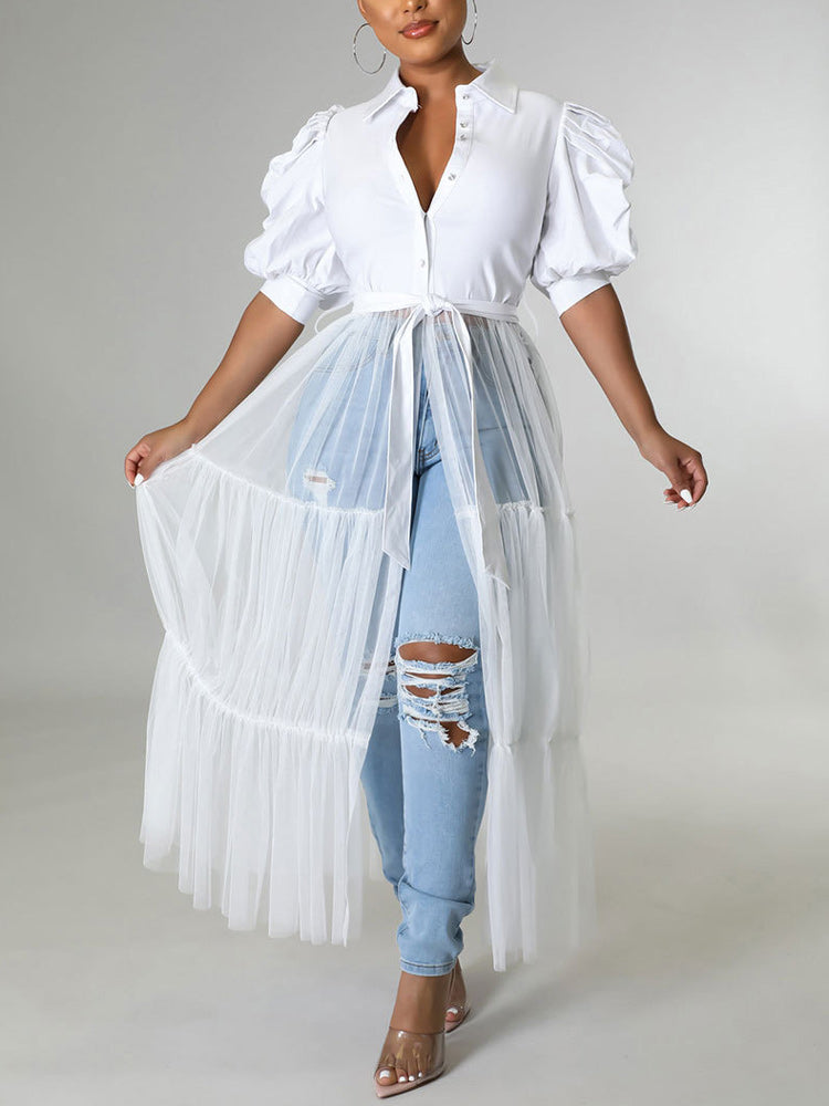 Long Sleeve Mesh Shirt Dress with Belt Maxct