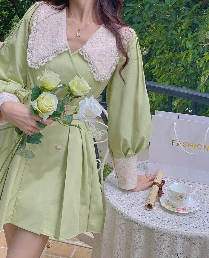 Matcha Peter Pan Pleated Dress Maxct