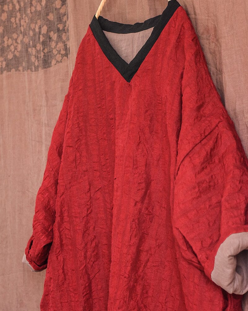 Warm Color Block V-Neck Loose Cotton Linen Casual Dresses