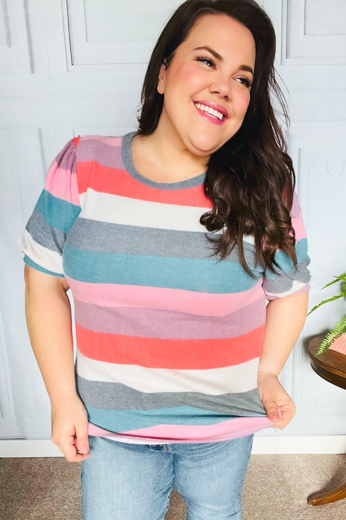 Maxct &Look Out Teal & Rose Striped Hacci Knit Puff Sleeve Top