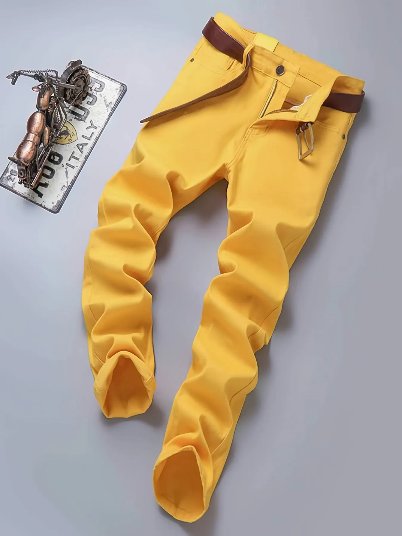 Maxct  Y2k Slim Fit Jeans, Men's Casual Street Style Solid Color Slightly Stretch Denim Pants For Spring Summer