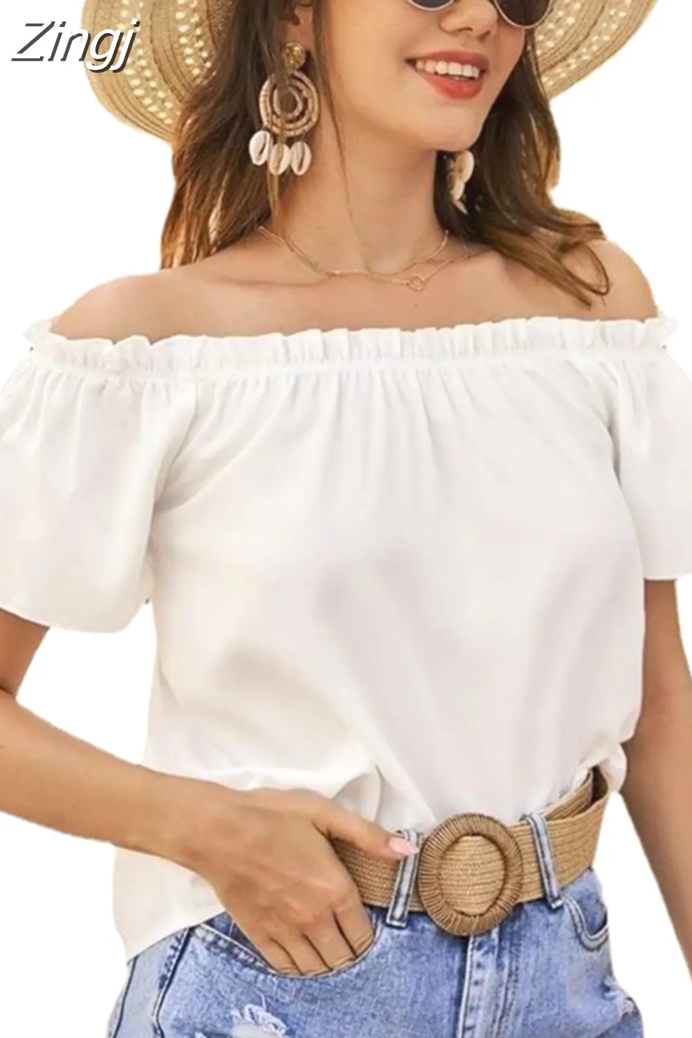 Women's Ruffled Off-Shoulder Short-Sleeve Blouse