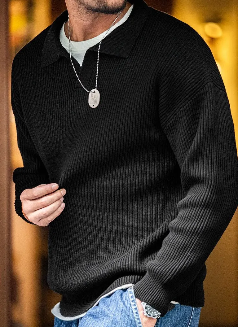 Maxct Open Neck Collared Rib Knit Sweater