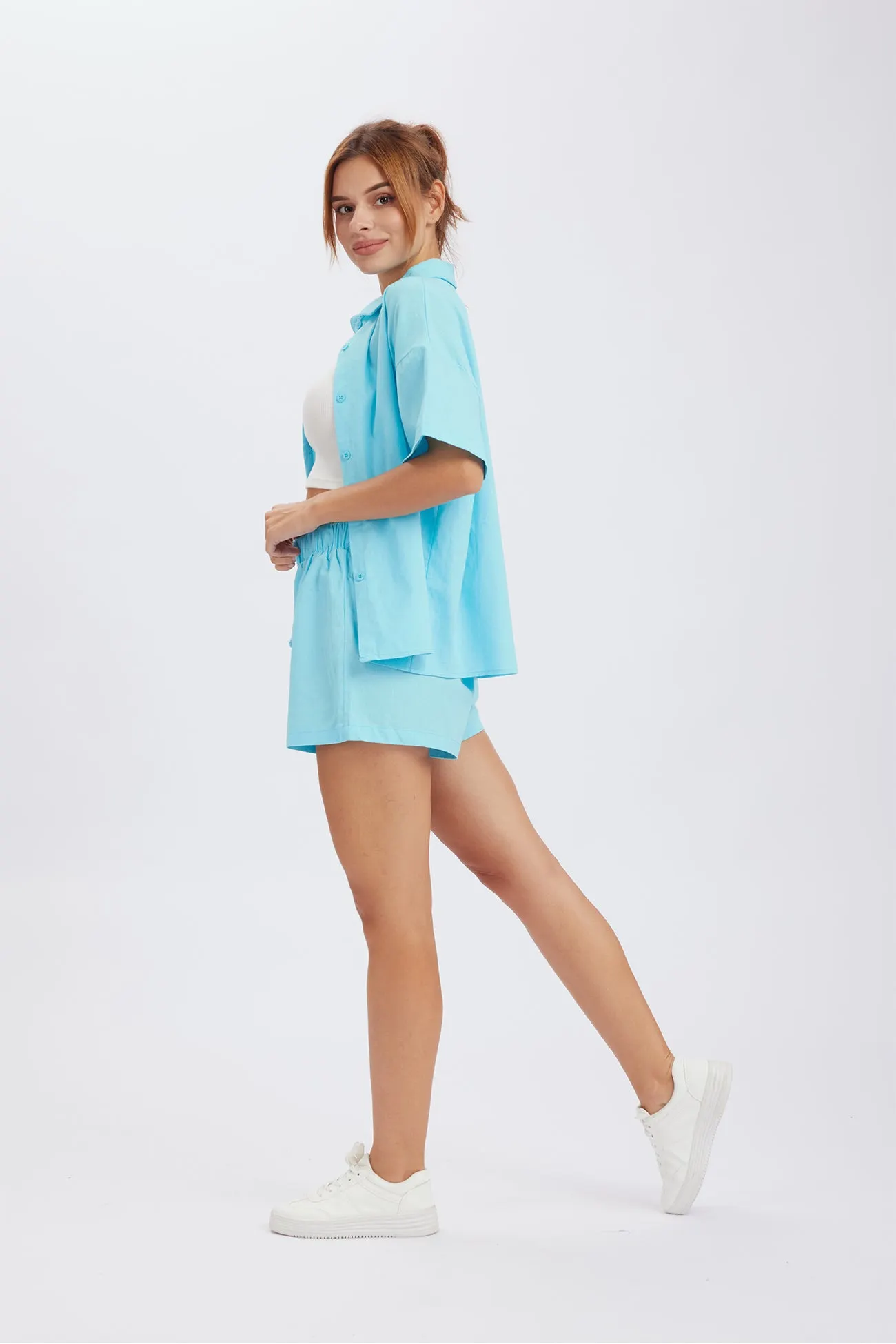 Maxct Solid Button Through Drop Shoulder Shirt Shorts Set