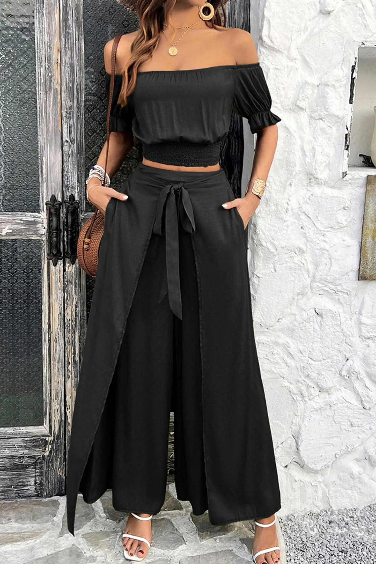 Maxct Off-shoulder Crop Top Tie-up Pants Suits