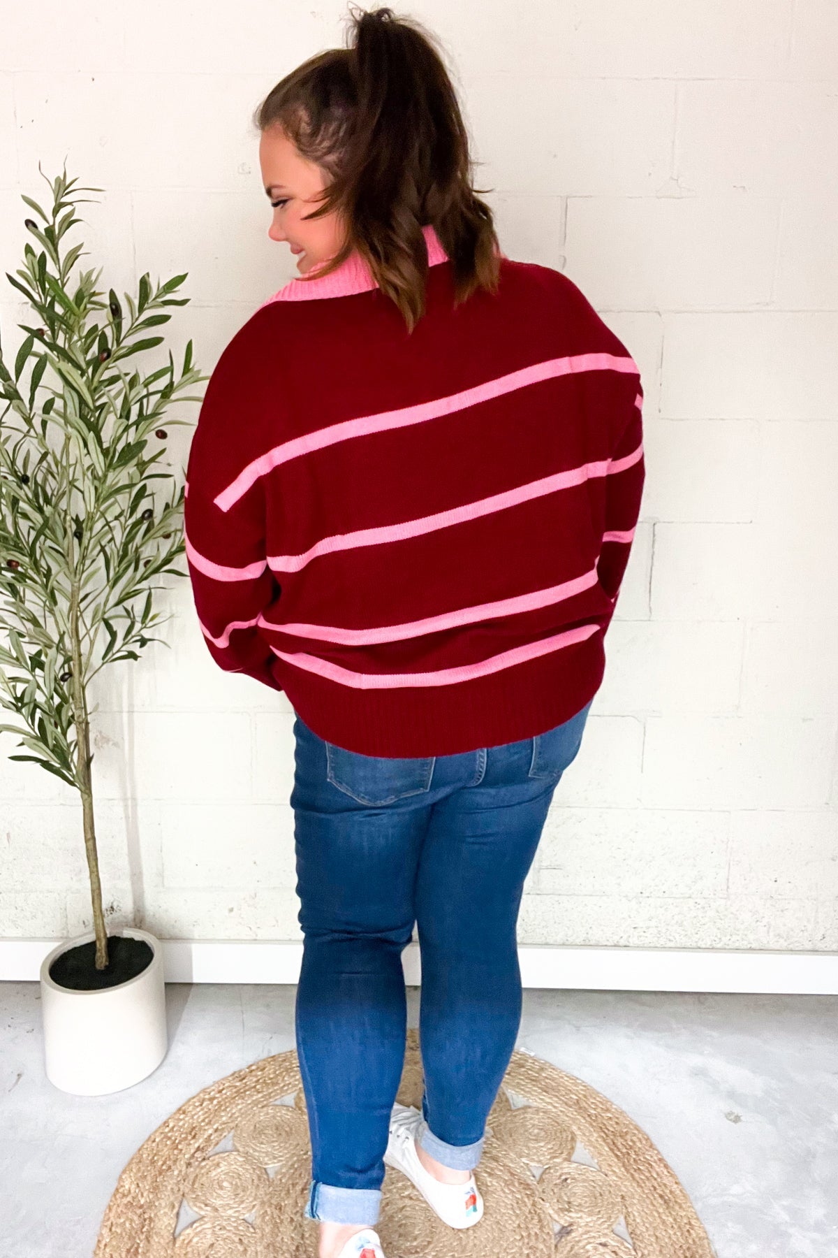 Maxct &Fall For You Crimson Stripe Notched Neck Collared Oversized Sweater