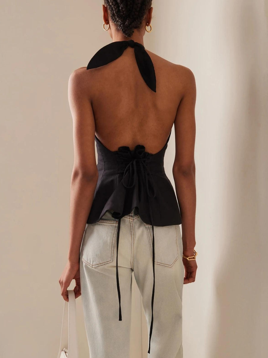 Maxct &Halter Neck Lace Up Ruched Top