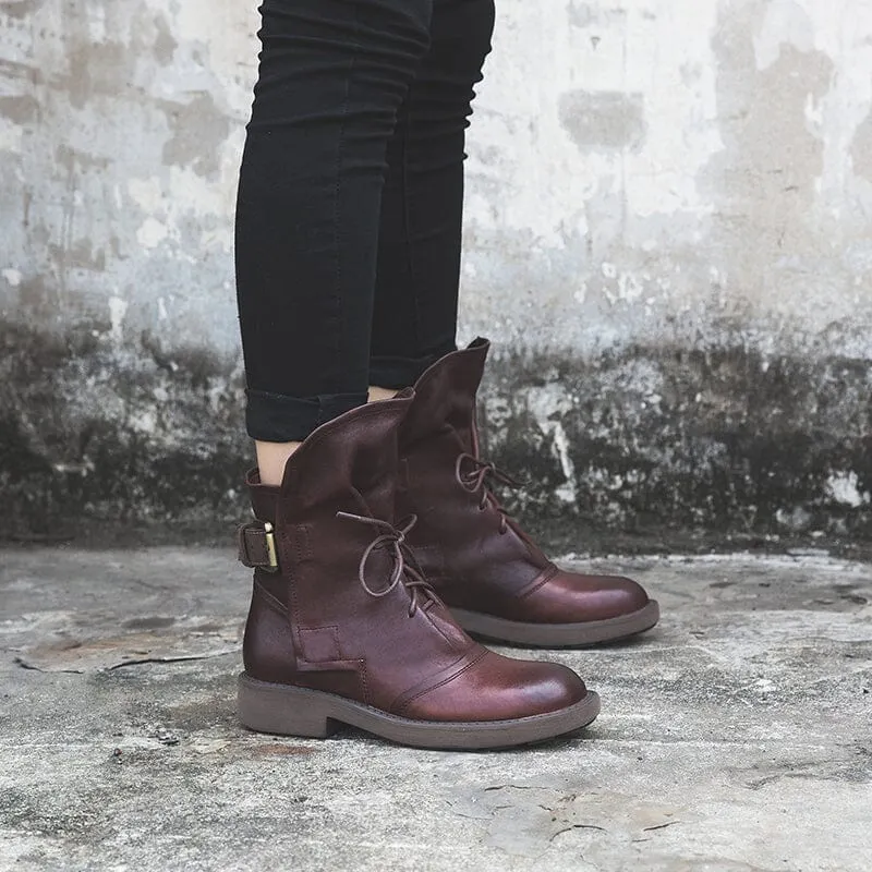 Womens Retro Sheepskin Short Boots for Winter Lace Up Buckles Boots Coffee/Black Maxct