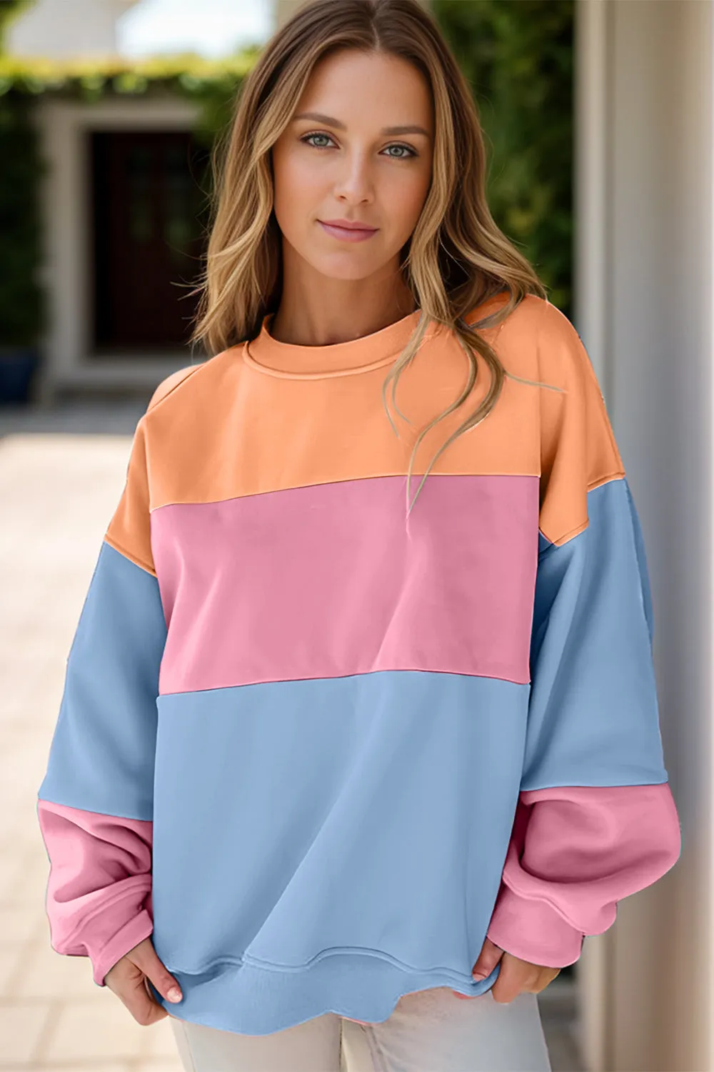 Maxct &Color Block Round Neck Long Sleeve Sweatshirt