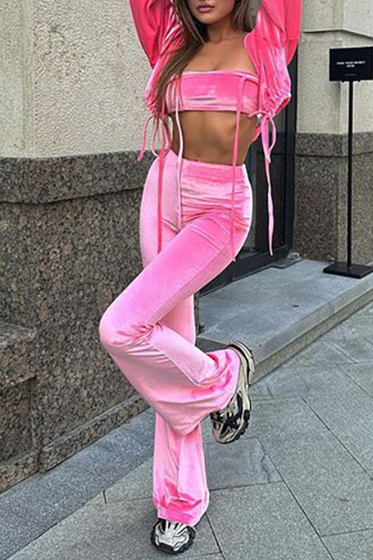 Maxct Velvet Tie-back Vest Hoodie Three-piece Pants Suits