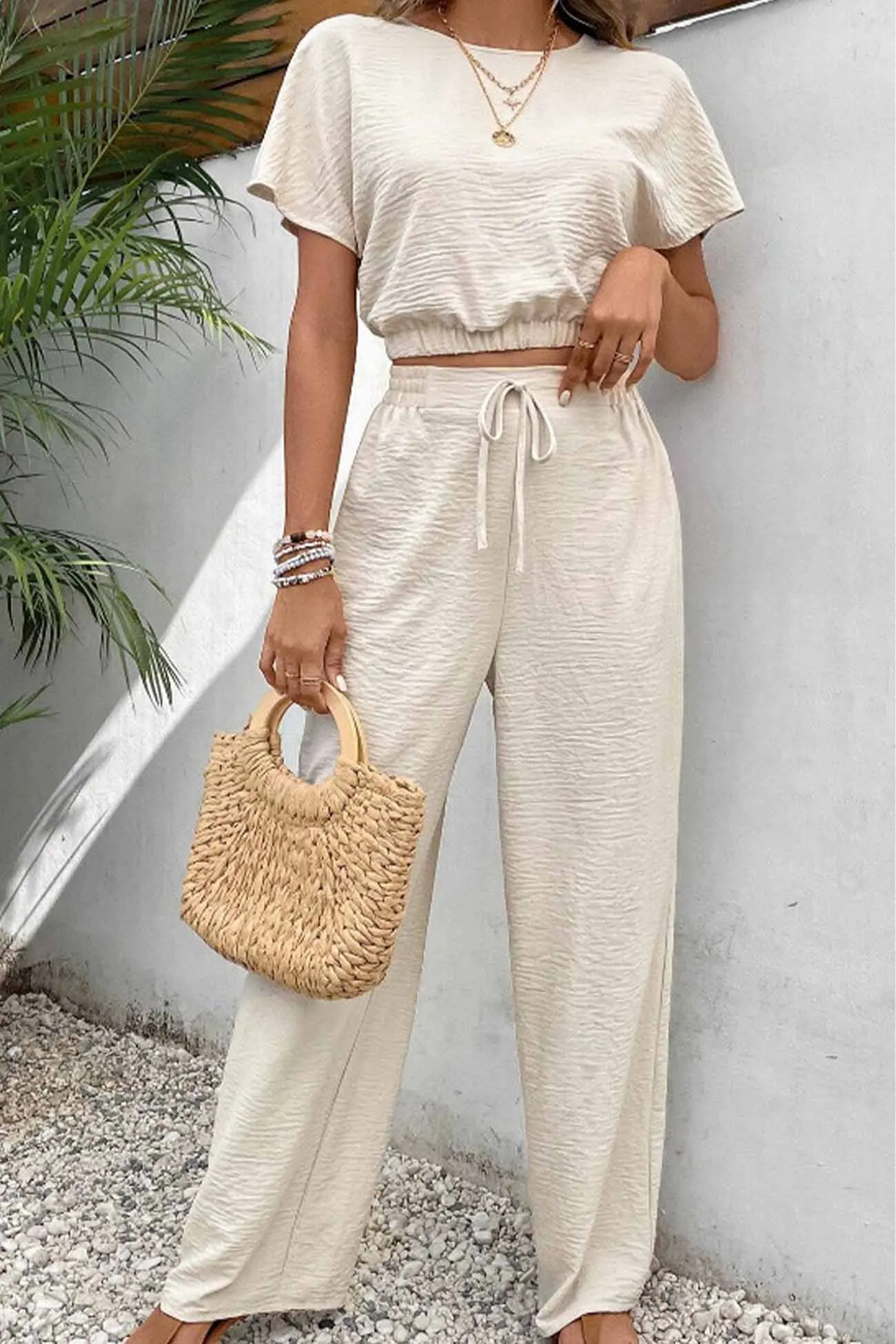 Maxct Batwing Sleeve Drawstring Straight Long Pants Set