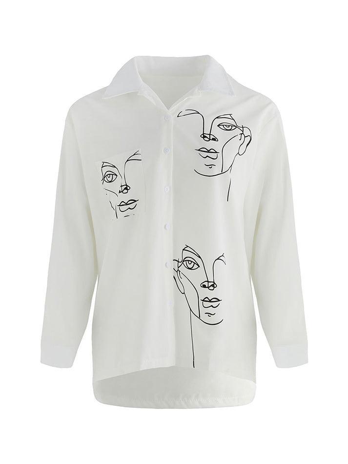 Maxct Abstract Face Print Long Sleeve Blouse