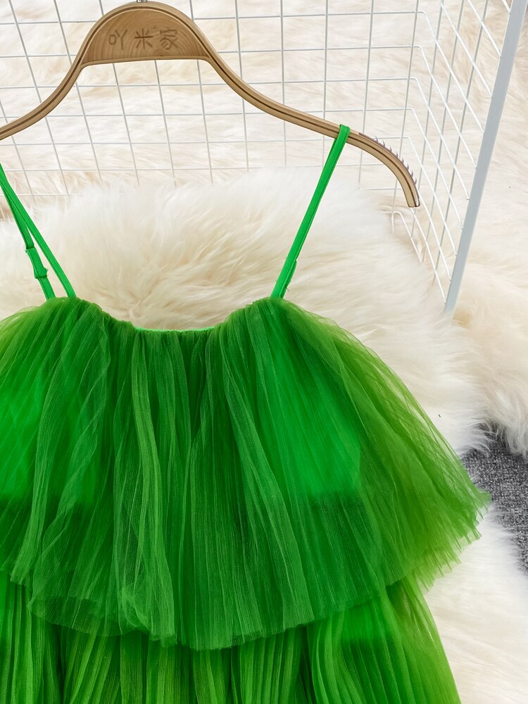 Maxct Cascading Ruffle Mesh Spaghetti Strap Mini Dress Women Purple/Green/Pink Sleeveless A-Line Vacation Beach Vestidos Female
