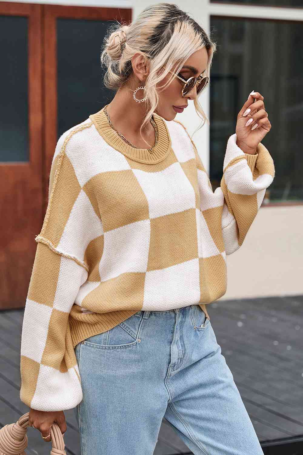Maxct &Checkered Exposed Seam Drooped Shoulder Sweater