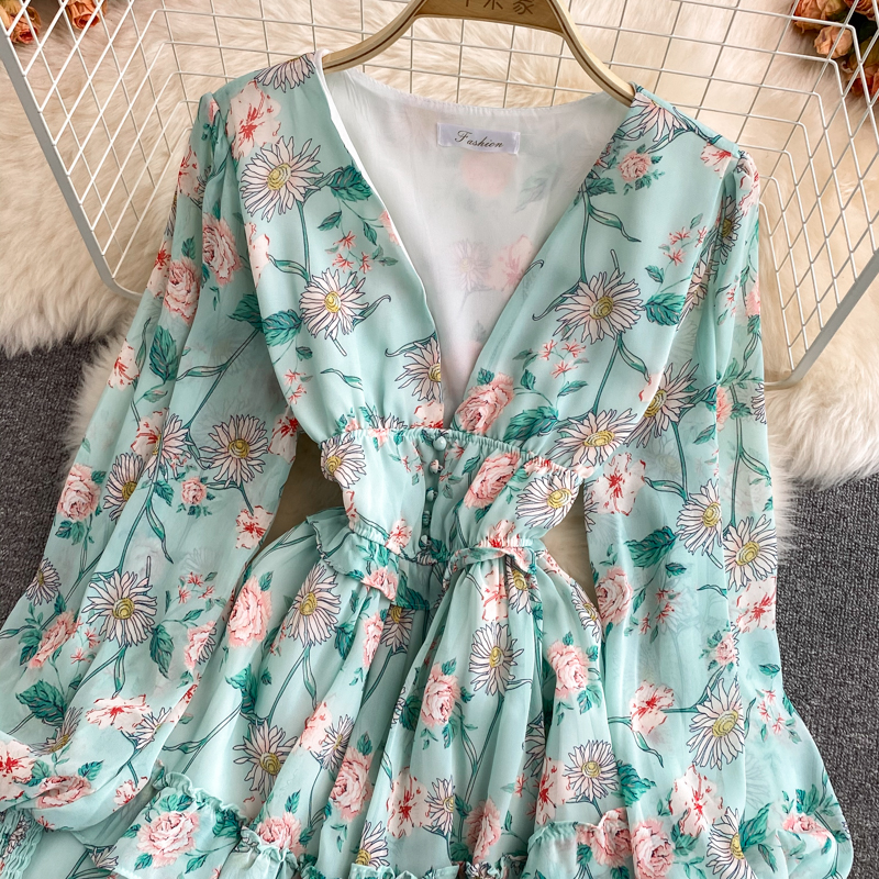 Women's Green/Purple/Beige Floral Chiffon Dress Bohemian V-Neck Lantern Long Sleeve High Waist Ruffle Vestidos Female New