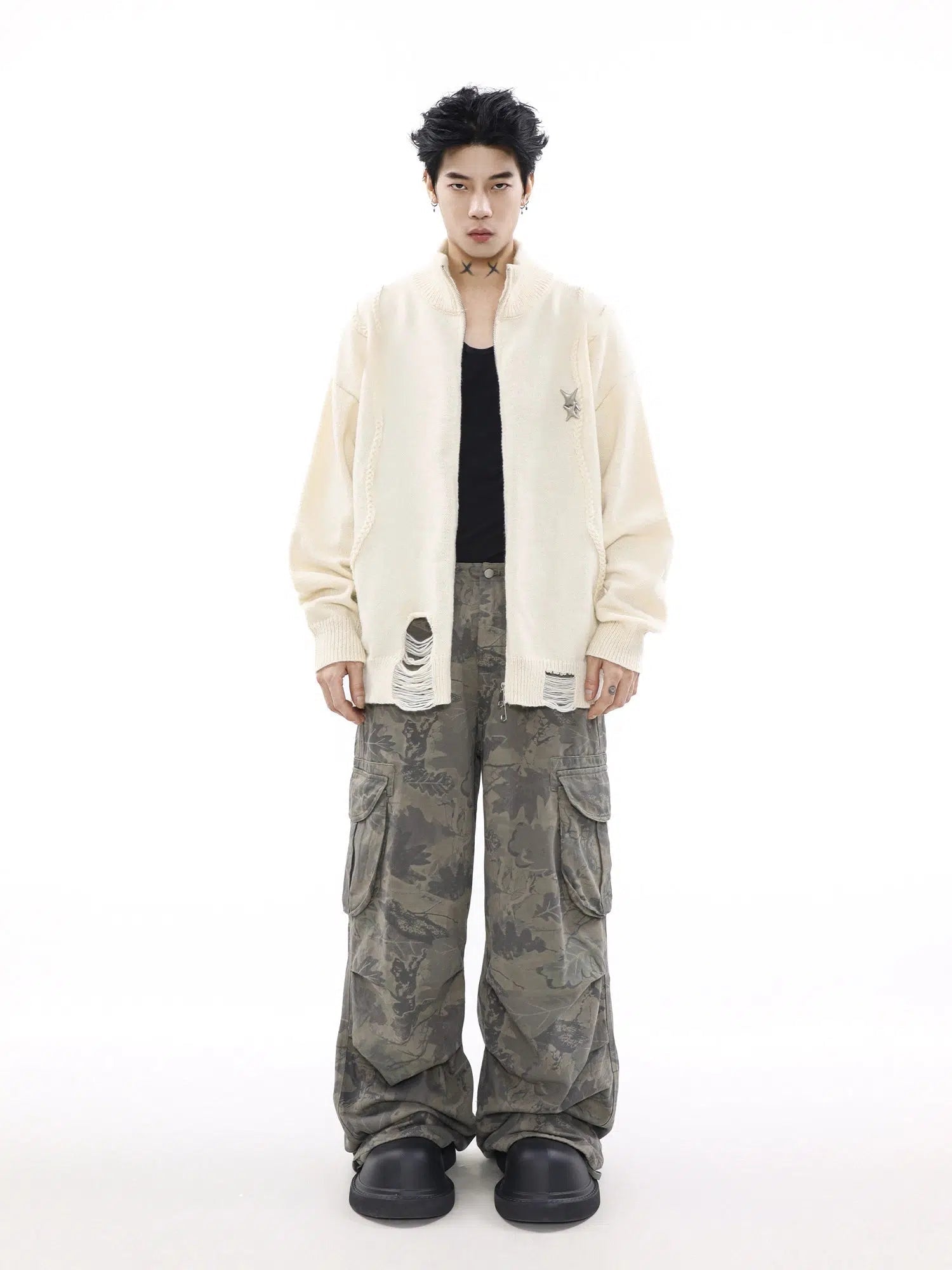 Maxct Full Zip Ripped Sweater Cardigan