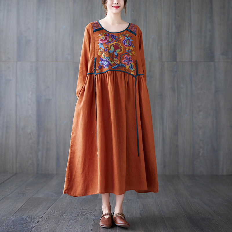 Maxct Women Autumn Retro Embroidery Cotton Linen Dress