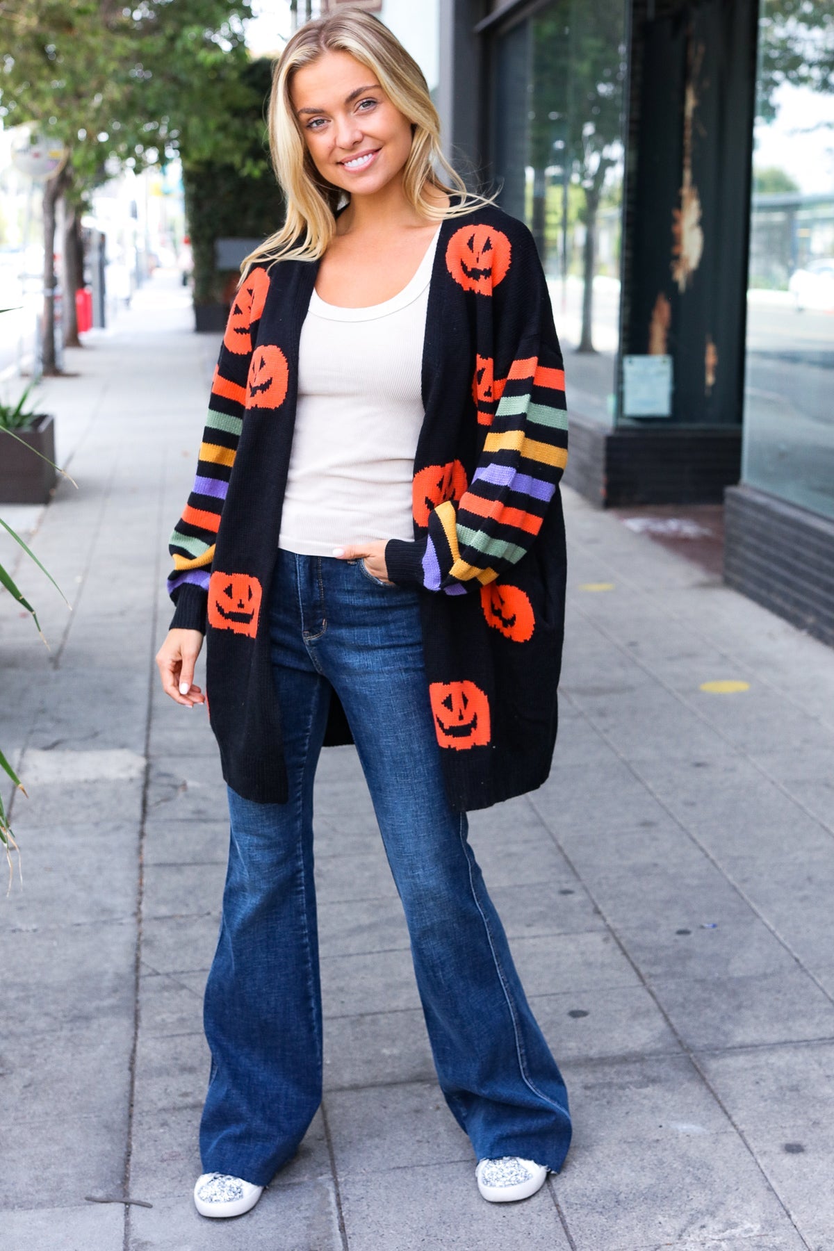 Maxct &Pumpkin Multicolor Stripe Jacquard Knit Open Cardigan