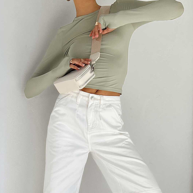 Female Korean Fashion Crop Tops Women Long Sleeve T-Shirts Solid Color O Neck Slim Fit Casual Basic Tees Going Out Outfits