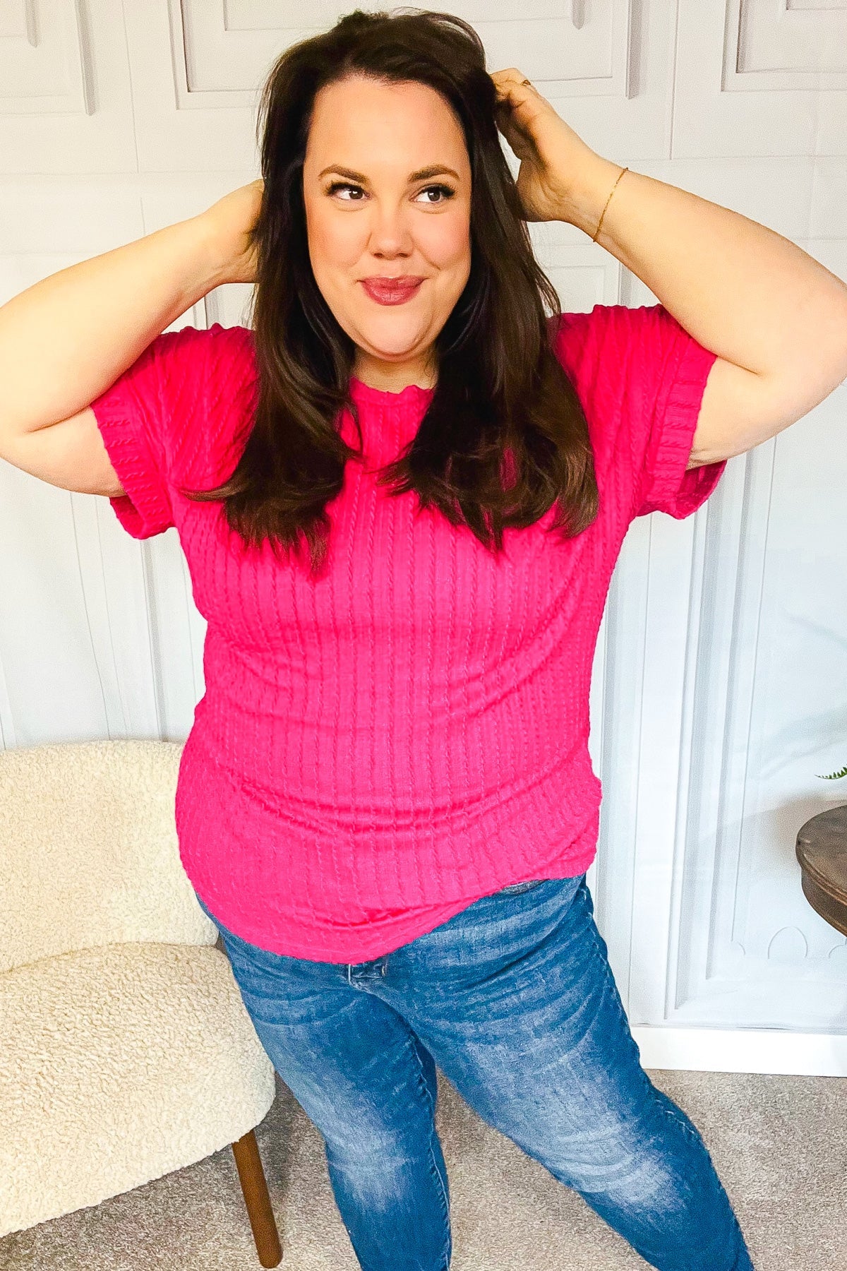 Maxct &Be Your Best Fuchsia Cable Knit Dolman Short Sleeve Sweater Top