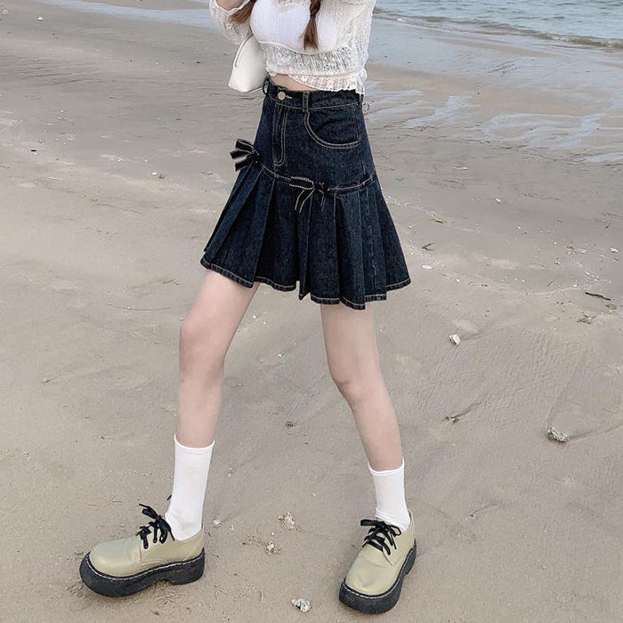 Bow Denim Pleated Skirt Maxct