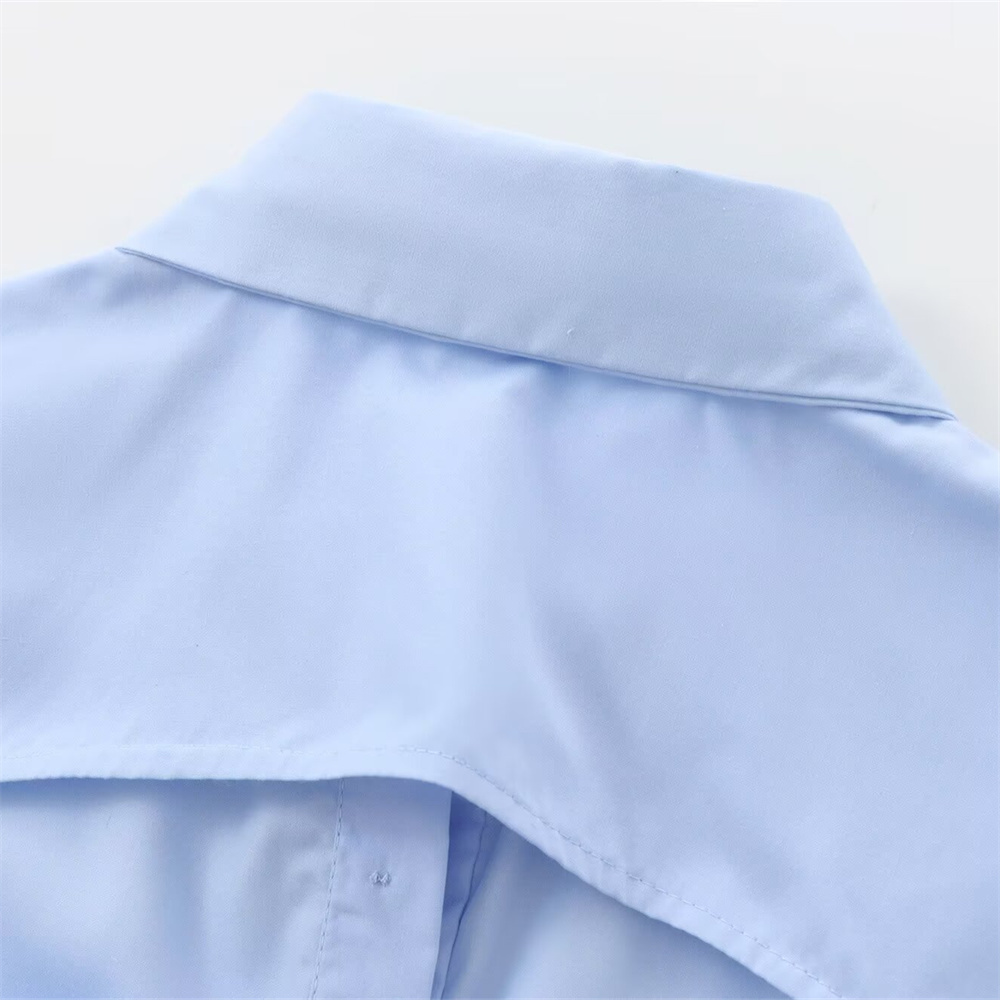 Autumn New Product Women's Fashion Style Blue Backless Belt Poplin Turnover Long Sleeve Shirt