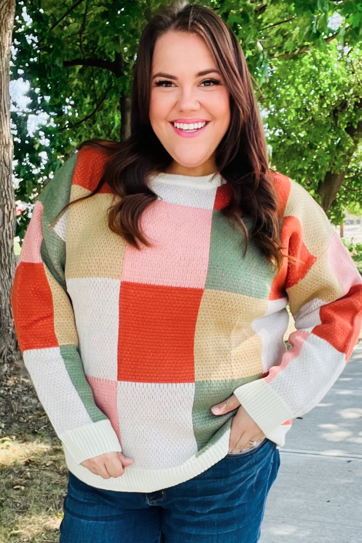 Maxct &Be Bold Ivory & Rust Checker Jacquard Knit Sweater