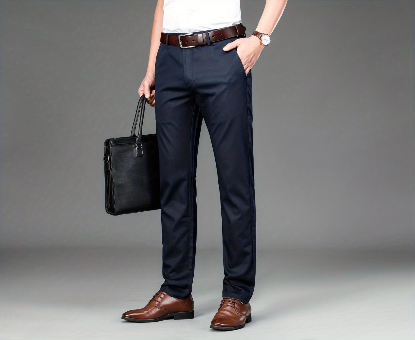 Classic Design Dress Pants, Men's Formal Solid Color Mid Stretch Dress Pants For Spring Summer Business