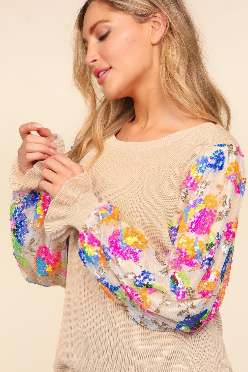 Maxct &Haptics Floral Sequins Mesh Flounce Sleeve Sweater
